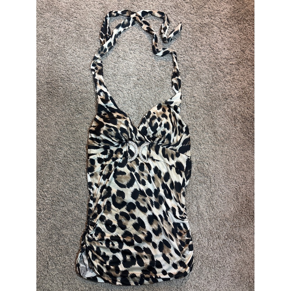Y2K Labanga USA Leopard Print Halter Top Rhinestone Buckle Ruched Tan Black